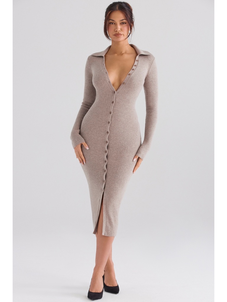 New House Of Cb Yvette Knit Dress Beige Small